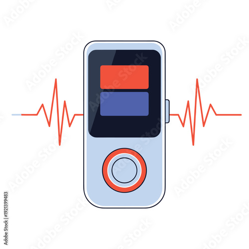 Modern digital music player icon featuring a screen with red and blue bars and a red sound wave line in the background.