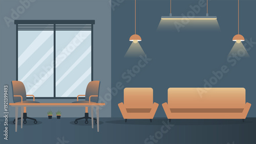 Modern office interior workspace background with sofa chairs window and pendant lights