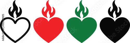 Four hearts with flames in different colors representing various emotions and intensities