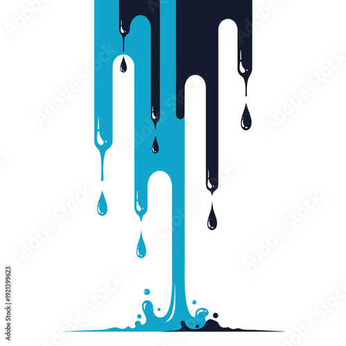 Abstract graphic design featuring thick drips and splashes of vibrant blue and dark navy paint running down a surface.