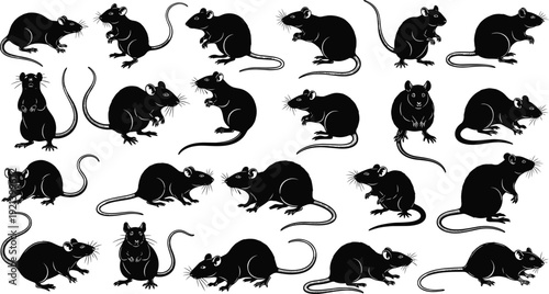 Silhouette icon set of rats and mice in various poses, vector symbols for rodents, pests, laboratory research, wildlife nature, and animal behavior.