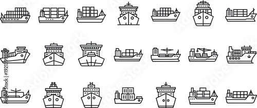 Cargo ship line icons set container vessel maritime transport vector illustration collection
