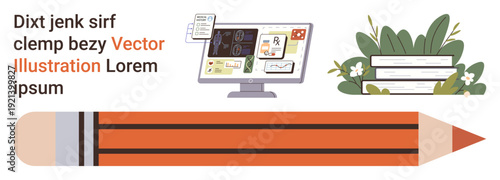 Digital education, online learning, knowledge sharing, creativity, academic tools, modern literacy. A pencil, books with greenery and a computer screen presenting data. Digital education and online