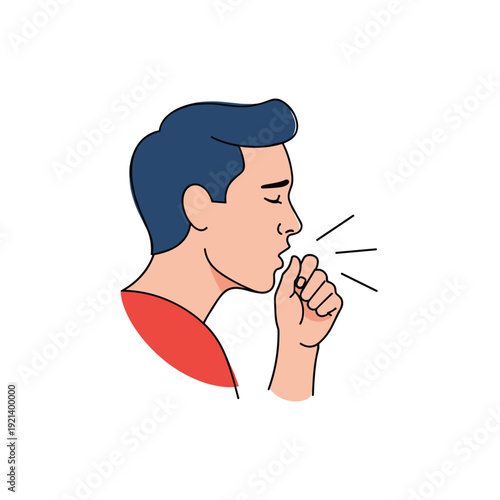 Side profile illustration of a man coughing into his hand to show symptoms of illness or respiratory infection.