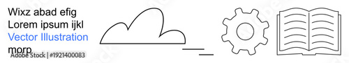 Technology, education, innovation, cloud computing, data management, mechanical processes. Cloud, gear and book icons in minimalist style. Technology and education illustrated