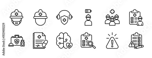 Workplace Health and Safety Line Icon Set outline collection, contains Occupational Health Check, Medical Checkup Employee, Fatigue Monitoring, Hearing Protection, Safety Helmet, Face Mask Protection