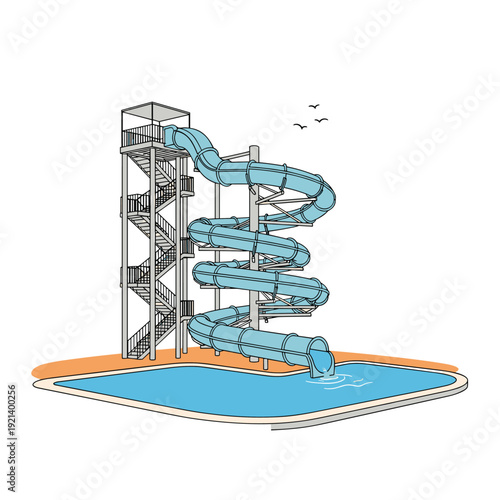 Large blue winding water slide structure at a swimming pool resort area under a clear sky with birds flying overhead.