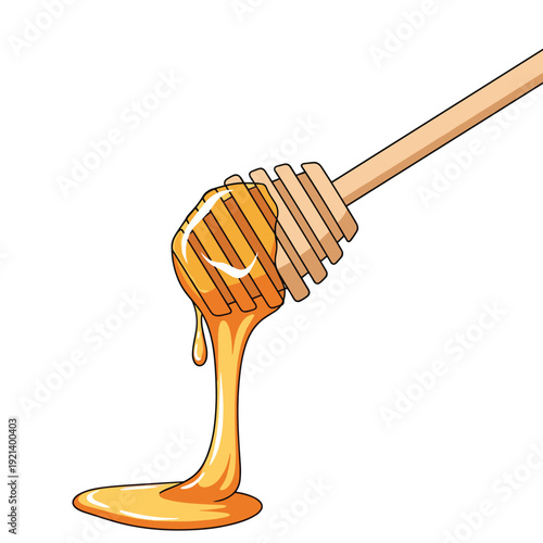 Wooden honey dipper with thick golden nectar dripping down to form a pool below against a clean white background.