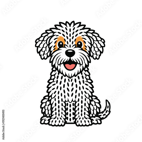 Adorable fluffy white dog with a happy expression and friendly eyes sitting comfortably on a plain white background.