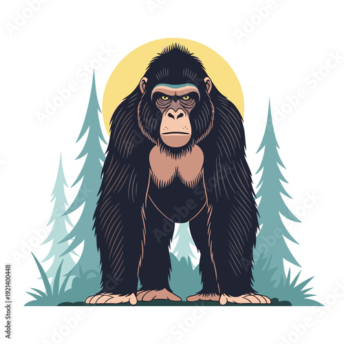 Large powerful gorilla standing in a forest landscape with pine trees and a bright glowing sun in the background.