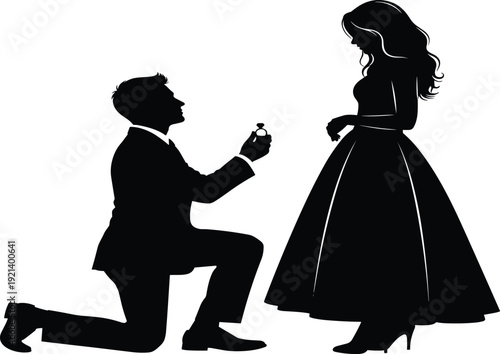 Silhouette of man kneeling and proposing to woman with engagement ring, romantic marriage proposal concept for wedding, love, and relationship anniversary celebration.