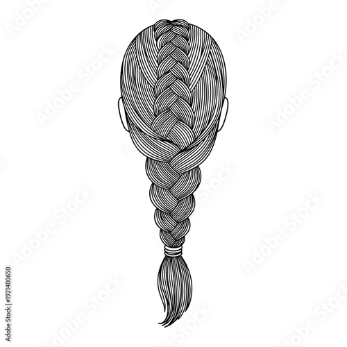 Detailed black and white line art illustration showing the back of a woman head with a long intricate braid.
