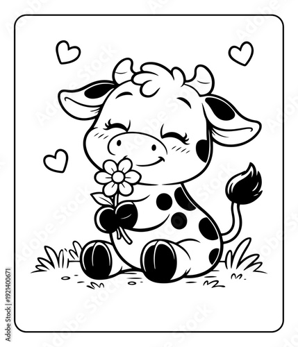 Cute Baby Cow Smelling Flower Surrounded by Hearts, Black and White Line Art Coloring Page