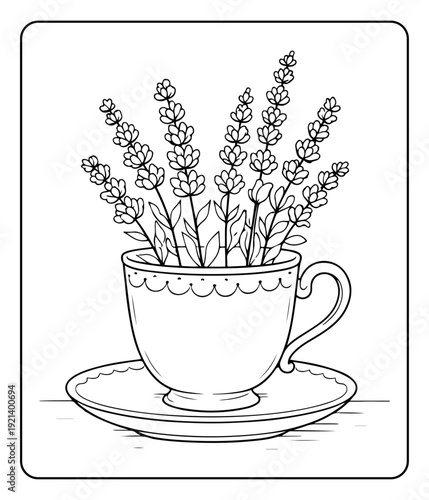 Lavender Flowers Blooming in Vintage Teacup with Saucer, Outline Illustration
