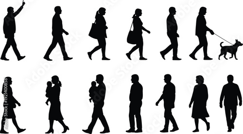 Silhouette of people walking including man waving, woman with dog, and parents with babies, diverse group icons for community, city, and lifestyle.