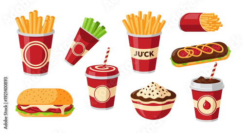 Assorted Fast Food Items and Drinks.