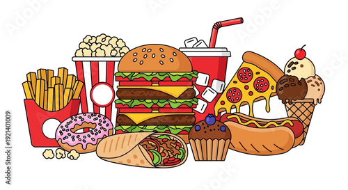 Junk Food Illustration Featuring Various Treats.