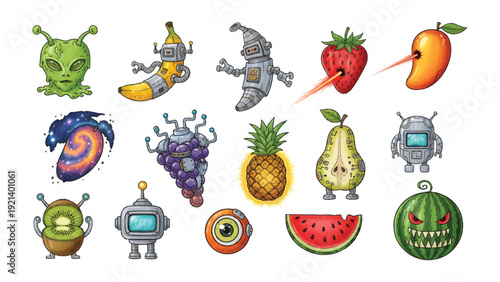 Galactic Fruits: A colorful illustration of anthropomorphic fruits and alien creatures. Embark on a journey through the galaxy where fruits meet the cosmos.