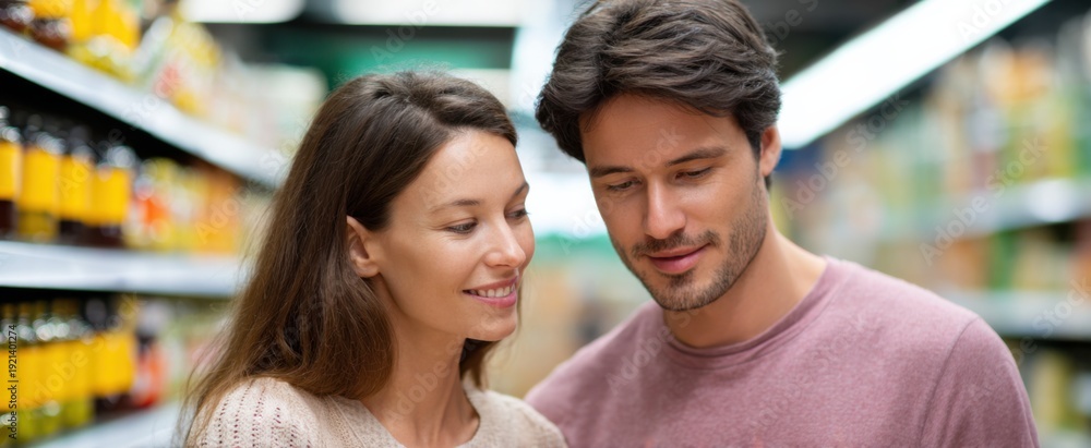 Fototapeta premium Couple selecting natural products in a grocery store aisle together.