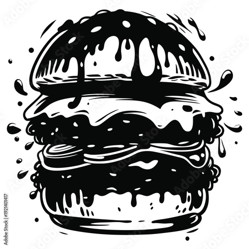 Black monochrome burger covered with sauce creates a striking and artistic food presentation
