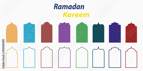Shape Ramadan Window frame set. Arabic ramadan arches islamic ornament. Oriental architecture shape windows and doors. Flat vector illustration
