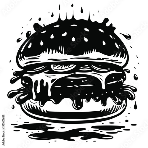 Monochrome dripping burger outline displays detailed topping and oozing sauce for food illustration