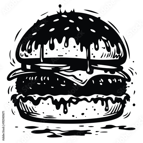 High contrast burger features melting cheese and dripping sauce in this bold monochrome sketch