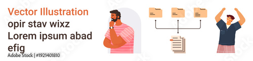 Data organization, teamwork, decision-making, collaboration, workflow processes, file structure management. A man in thought, file folders and a celebrating person. Data organization and teamwork