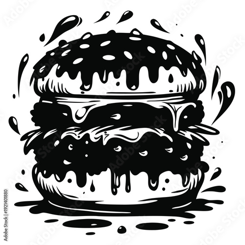 Stylized black and white drawing shows a dripping hamburger with sesame seed bun and sauce