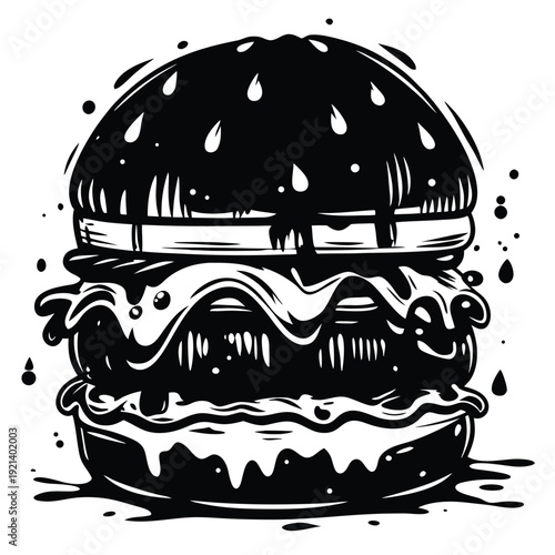 Detailed monochromatic burger drips with sauce in a bold and appetizing stylized vector
