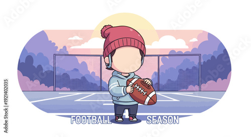 Cute faceless character holding football on field with goalposts and sunset background, football season concept illustration for kids and sports design