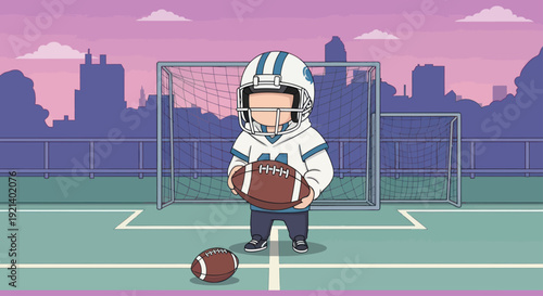 Cute kid wearing American football helmet and holding football on city sports field at sunset, cartoon youth athlete illustration