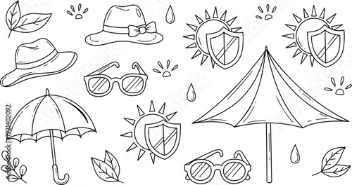Summer Weather Protection Doodle Set Hats Umbrellas Sunglasses Sun Shield