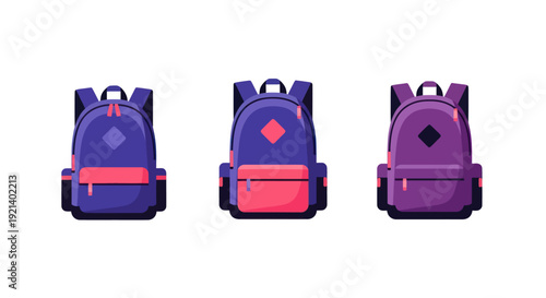 Set of three colorful school backpacks in flat style isolated on white background, perfect for education and travel design projects