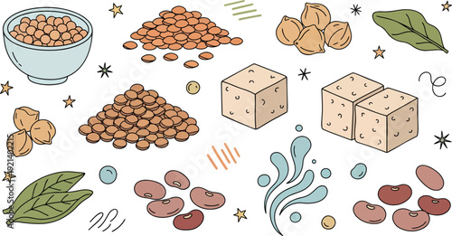 Healthy Plant-Based Legumes and Tofu Ingredients Seamless Pattern
