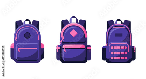 Set of three purple and pink backpacks with front pockets and straps isolated on white background, perfect for school or travel use