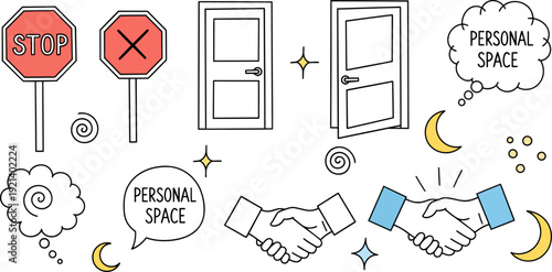 Personal space boundaries consent and social interaction vector set