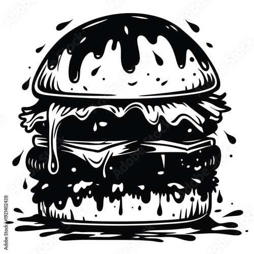 A monochrome burger overflows with delicious sauce, drips, and adds to its bold allure