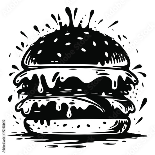 Black and white burger with dripping sauce is visually striking and bold