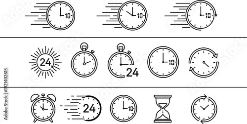 Fast time management icons set featuring clocks stopwatch hourglass and 24 hour deadline symbols vector illustration