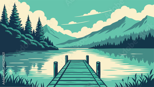 Minimalist landscape of a wooden pier on a mountain lake with pine forest