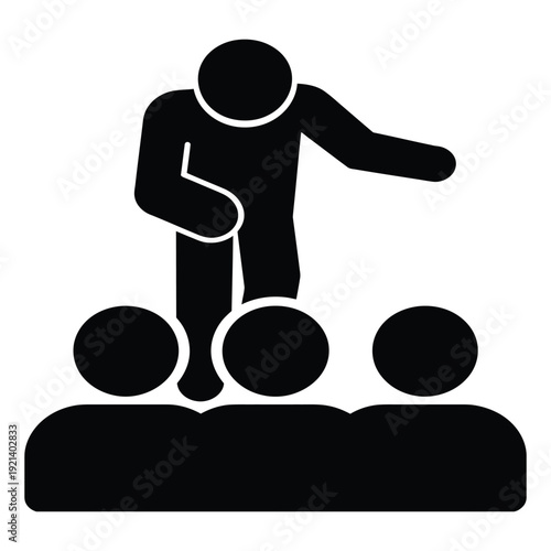 Teacher student education icon, person giving lecture to group of individuals, presenting information to an audience