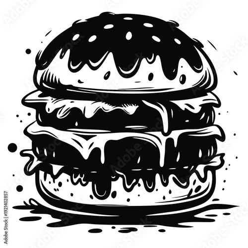 Isolated silhouette shows a multilayered burger with dripping sauce on a white background