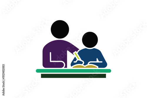 Person helping child with homework, adult assisting young student with school assignment, educational support for learning