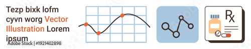 Data visualization, healthcare analytics, medical research, molecular science, pharmaceutical services, clinical study. Line graph, molecule diagram and prescription pad concept. Data visualization