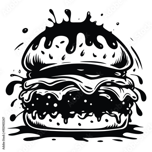 Stylized black and white burger silhouette features dripping sauce and a layered composition