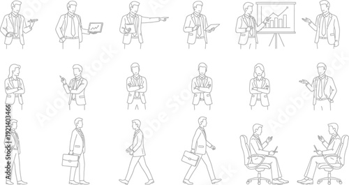 Set of business people sketch icons presenting, walking, standing, and sitting poses.