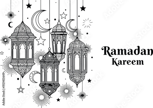 Ramadan kareem greeting with traditional lanterns and crescent moon