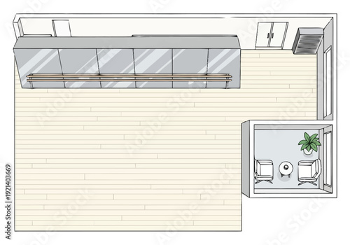 Modern interior design floor plan of a retail space with display counters and a small seating area providing a top view perspective illustration