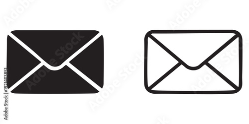 Email message icon collection. Includes filled and outline style envelope symbols. Created in solid black and white line art with a minimalist aesthetic.